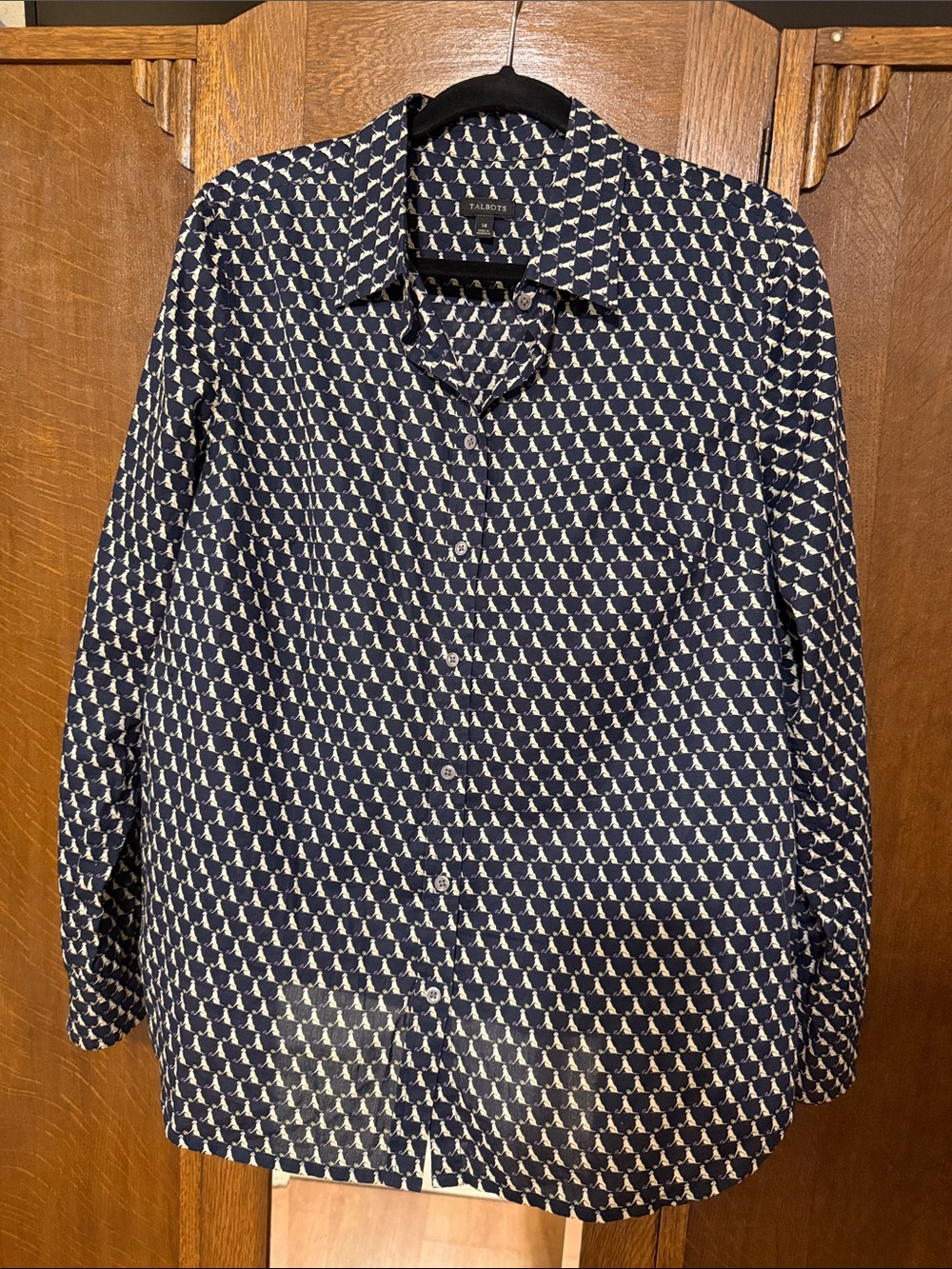 Talbots Navy and White Geometric-Print Button-Down Shirt